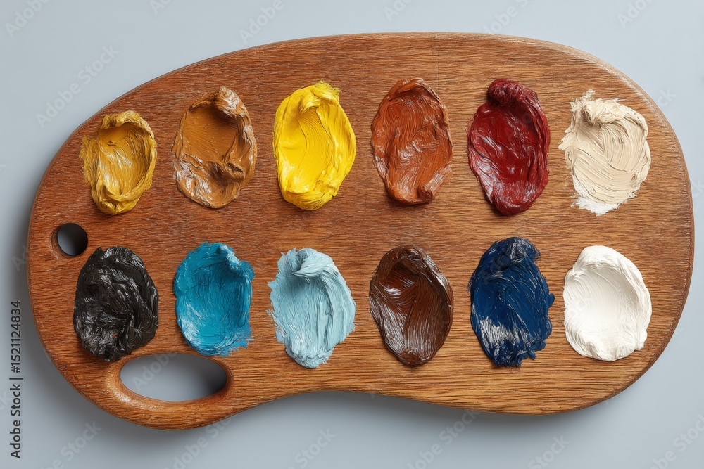 Poster Vibrant array of paint colors displayed on a wooden palette for artistic projects