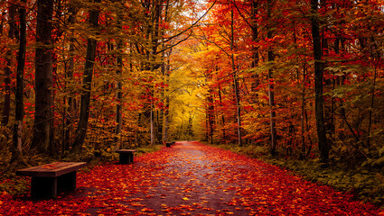 An enchanting path winds through the autumn forest, showcasing vibrant fall foliage and the serene beauty of nature