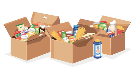 Cardboard box filled with various food items – grocery delivery and donation concept in flat vector illustration