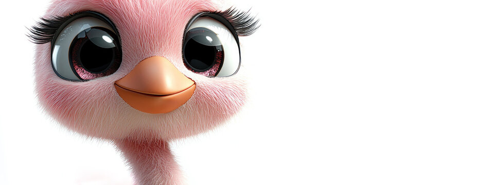 Close-up of cute pink cartoon bird face with large shiny eyes, long eyelashes, and orange beak on white background Generative AI