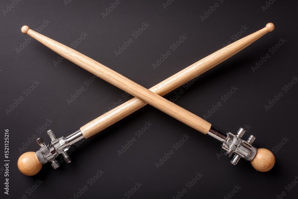 Poster creative arrangement of wooden drumsticks with metallic mounts on a dark background in a minimalist 
