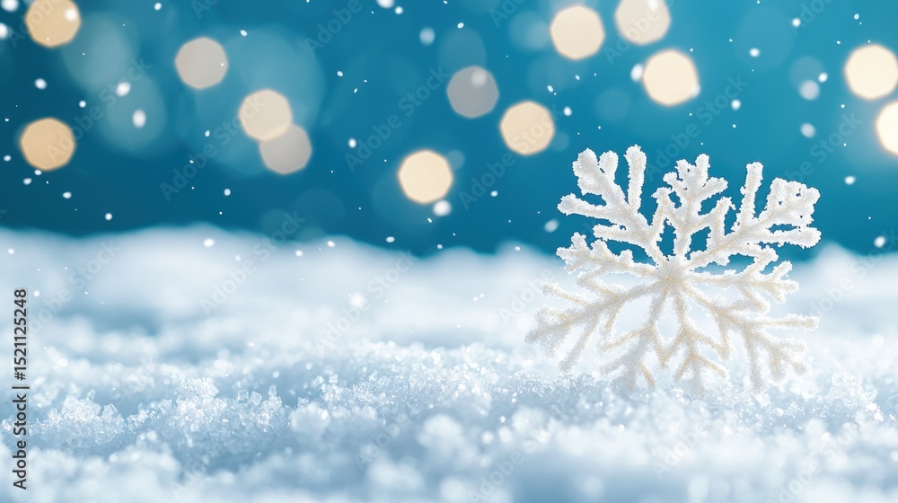 Poster festive winter scene features a sparkling snowflake on snow