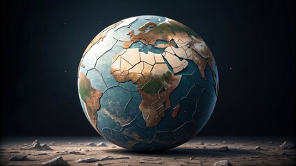 A cracked globe sits on a barren surface, symbolizing environmental issues and global concerns.