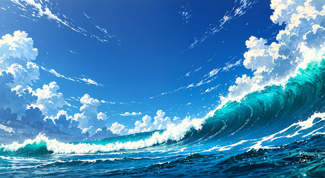 A vibrant anime-style illustration of a large, powerful ocean wave crashing under a bright blue sky filled with white clouds