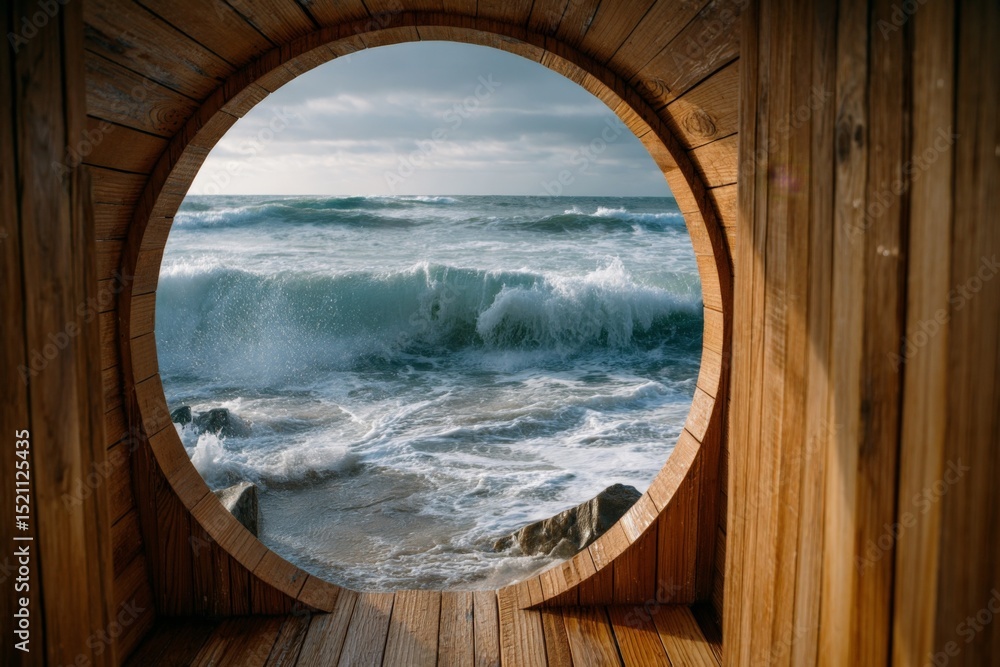 Aufkleber Waves crashing against rocks viewed through circular wooden structure at the beach during cloudy afternoon