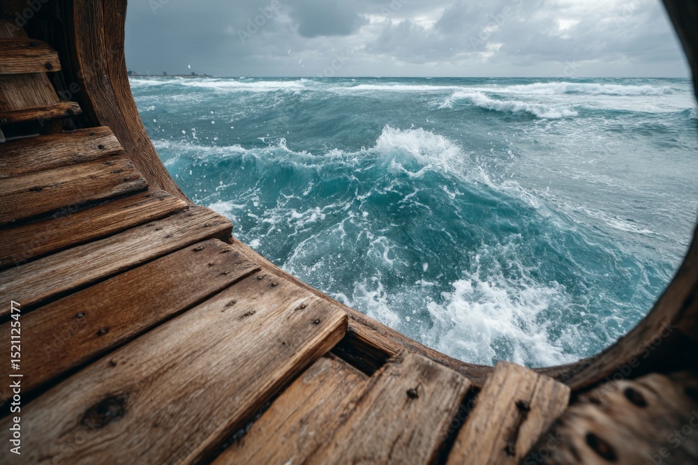 Poster waves crashing against a wooden structure by the ocean during overcast weather