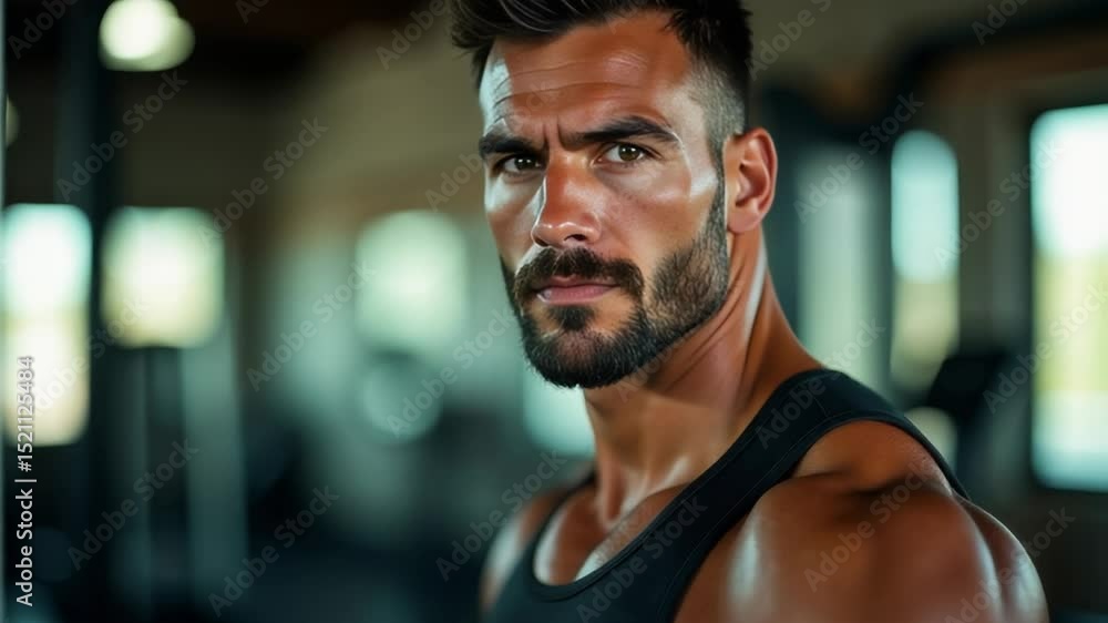 Poster a person exercises with dumbbells and a mirror reflection in the background