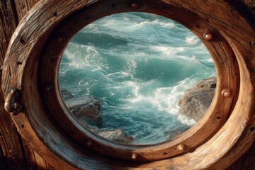 Waves crash against rocky coastline viewed through a vintage porthole on a sunny day in coastal setting