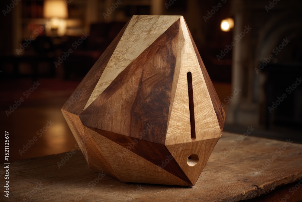 Poster unique wooden sculpture displayed on rustic table in an elegant interior setting