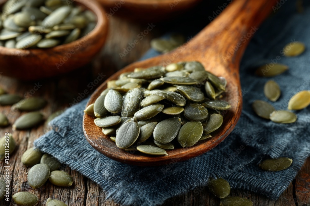 Aufkleber pumpkin seeds on a wooden spoon resting on fabric with additional seeds scattered