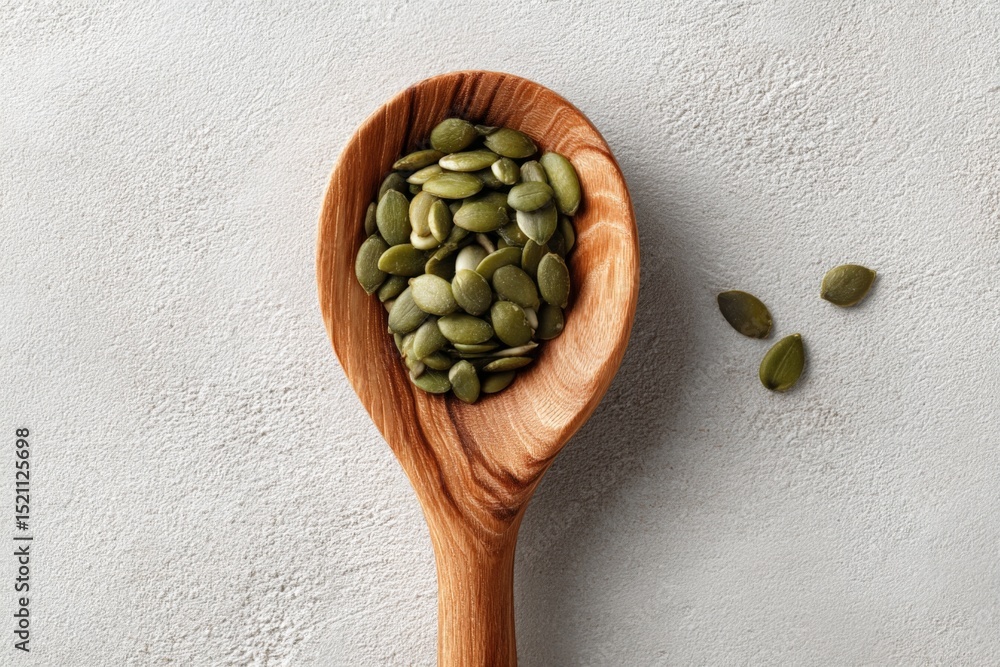 Aufkleber pumpkin seeds rest in a wooden spoon on a textured surface ready for culinary use