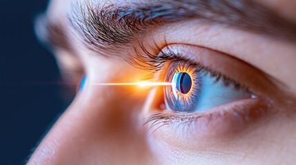 Human eye with glowing iris and horizontal laser beam