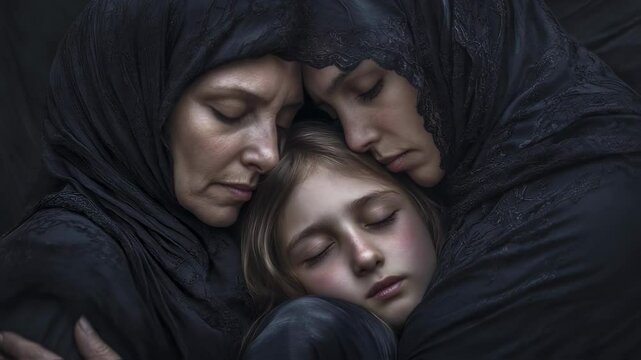 Three women in black scarves, an elder, adult, and young girl, embrace in sorrow, representing grief and loss.