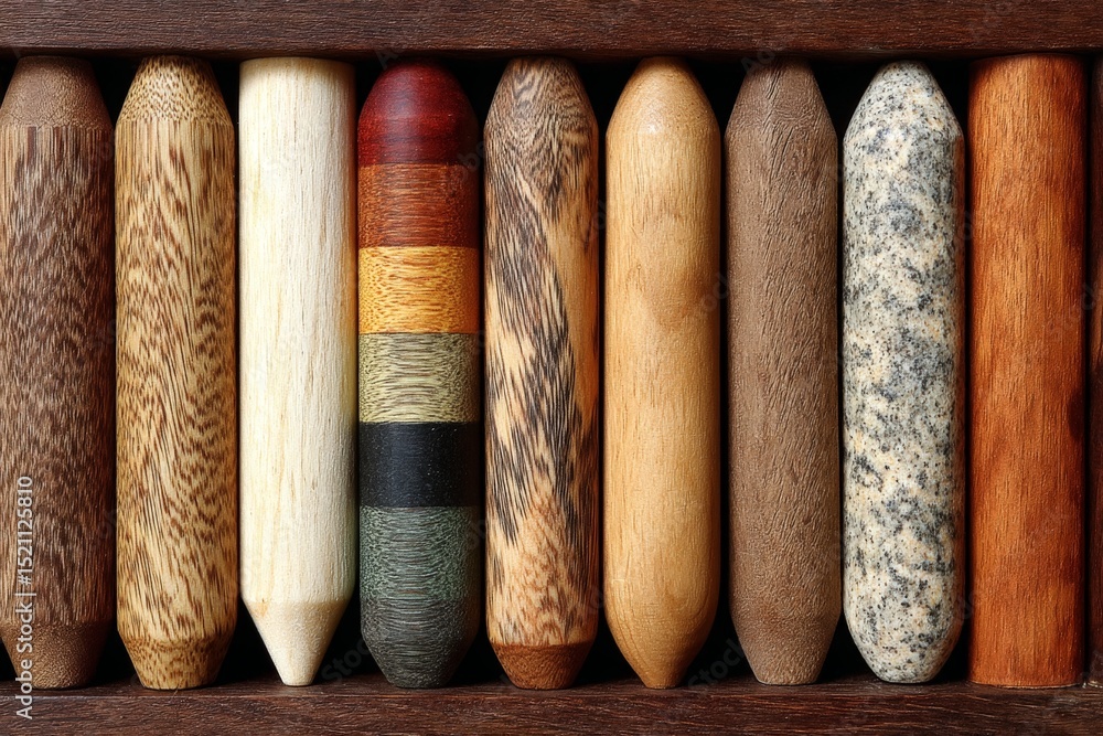 Poster artisan wooden pens displayed in a neatly arranged wooden box showcasing various textures and colors