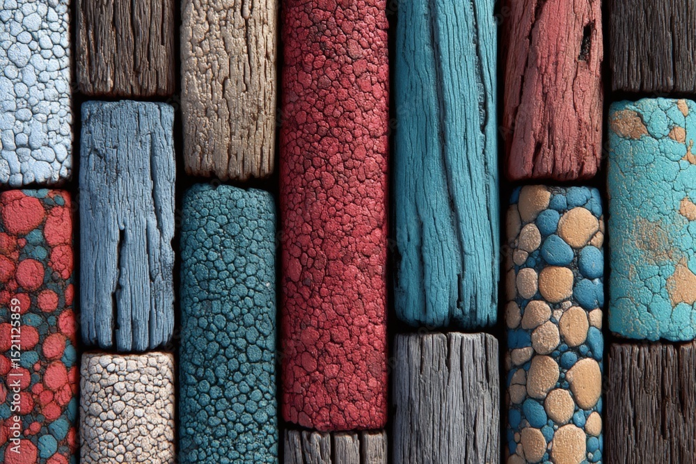 Poster colorful wooden textures arranged in a captivating pattern showcasing various hues and finishes in a