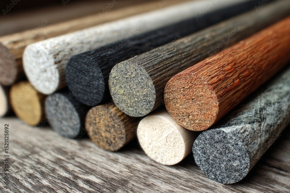 Poster different types of wooden dowels arranged on a wooden surface showcasing various textures and colors