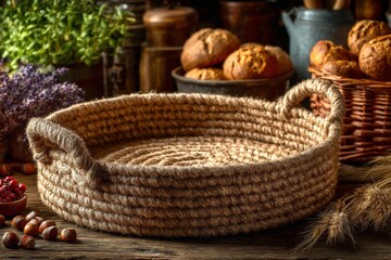 Obraz premium Rustic woven basket on wooden table with baked goods and herbs in cozy setting
