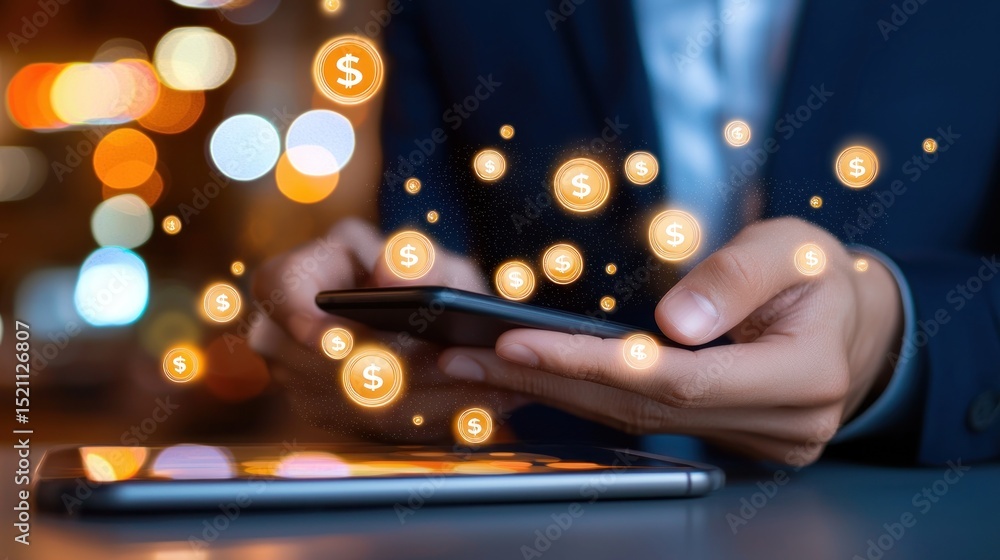 Poster Man using smartphone with virtual coins appearing above it