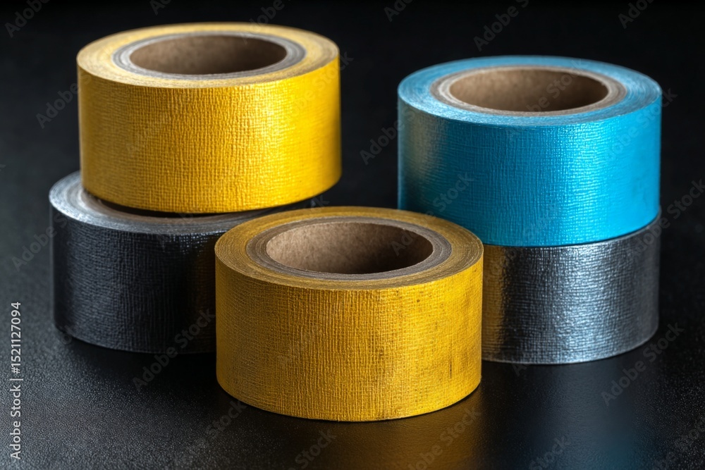 Poster colorful rolls of adhesive tape arranged in a pyramid on a dark background showcasing vibrant colors