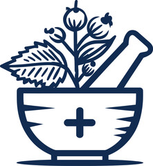 Herbal Medicine Symbol Featuring a Classic Mortar and Pestle with a Medical Cross Symbol, Surrounded by Leaves and Berries—Representing Traditional Healing, Pharmacy, and Natural Remedies