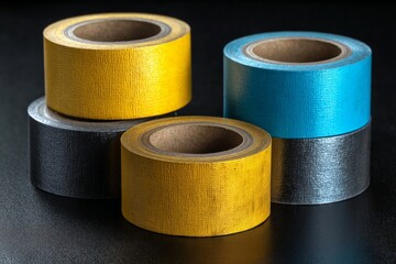 Colorful rolls of adhesive tape arranged in a pyramid on a dark background showcasing vibrant colors and textures