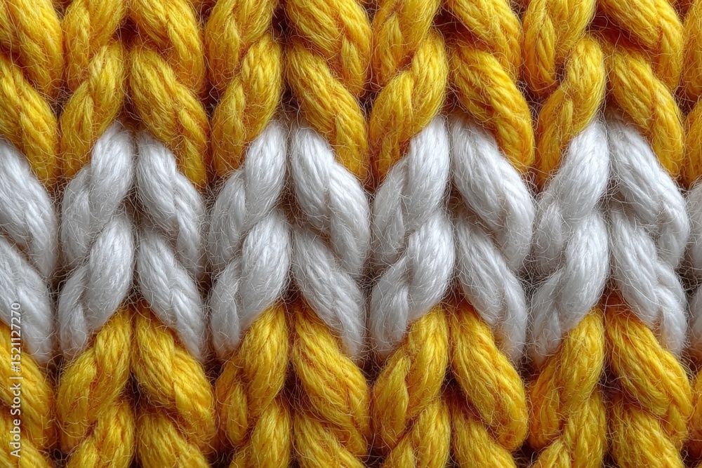 Poster vibrant yellow and white knitted fabric showcasing intricate braid patterns in a close-up view