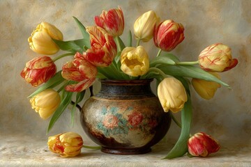 Obraz premium Vibrant tulip arrangement in an antique vase showcasing springtime beauty