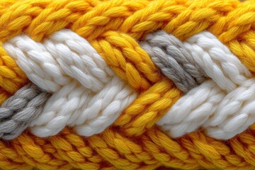 Colorful knitted pattern showcasing orange, white, and gray yarn with a braided texture in a close-up view from a crafting session