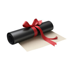 A rolled graduation diploma or certificate with a red ribbon