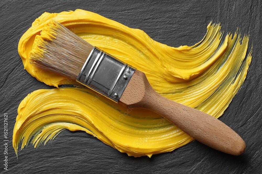 Poster bright yellow paint with a brush creating swirls on a textured surface