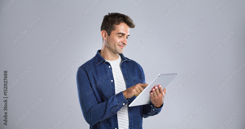 Fototapete Smile, tablet and website with man in studio for programming or software development career. App, mainframe and system maintenance with tech guru on white background space for professional IT support