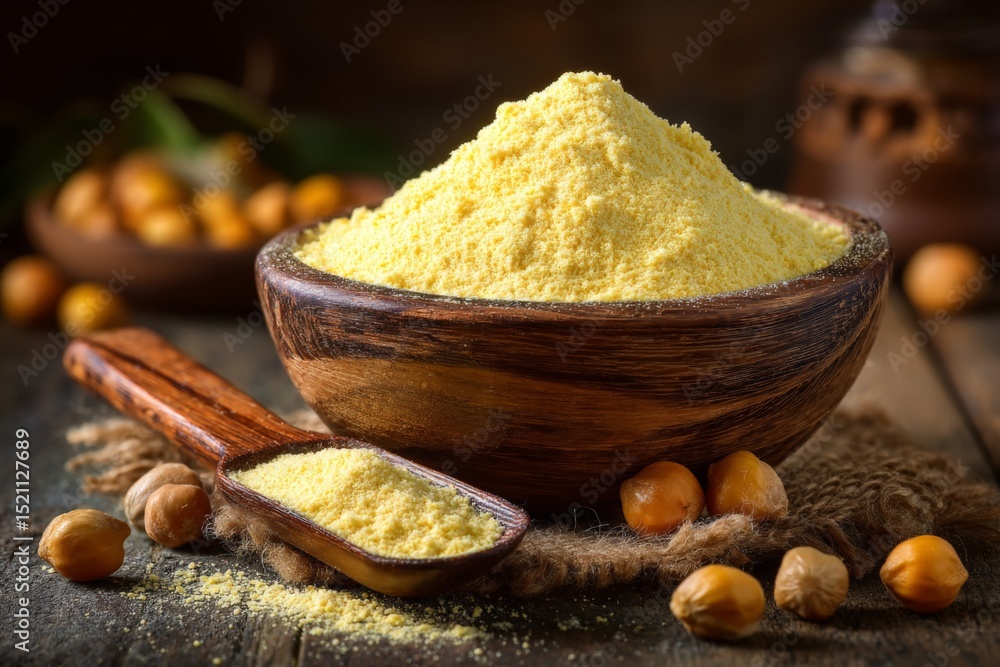 Poster golden cornmeal displayed in a wooden bowl with a scoop, surrounded by hazelnuts on a rustic wooden 