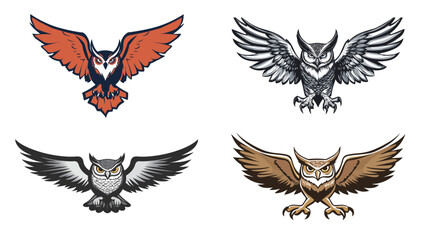 Obraz premium Fierce great horned owl with wings fully spread in mid-flight, powerful and intense expression, symbol of wisdom and strength, perfect for wildlife themes, predator concept art, and nocturnal bird 