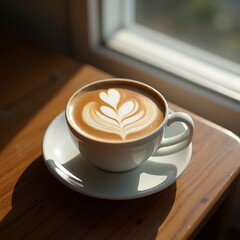 Latte Art Coffee on Table by Window Light Refreshment Break