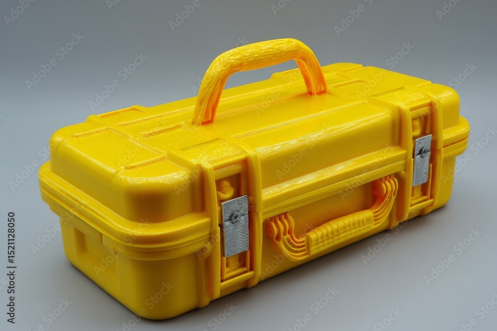 Poster Bright yellow toolbox with sturdy handle and metal latches for secure storage and transport of tools and equipment