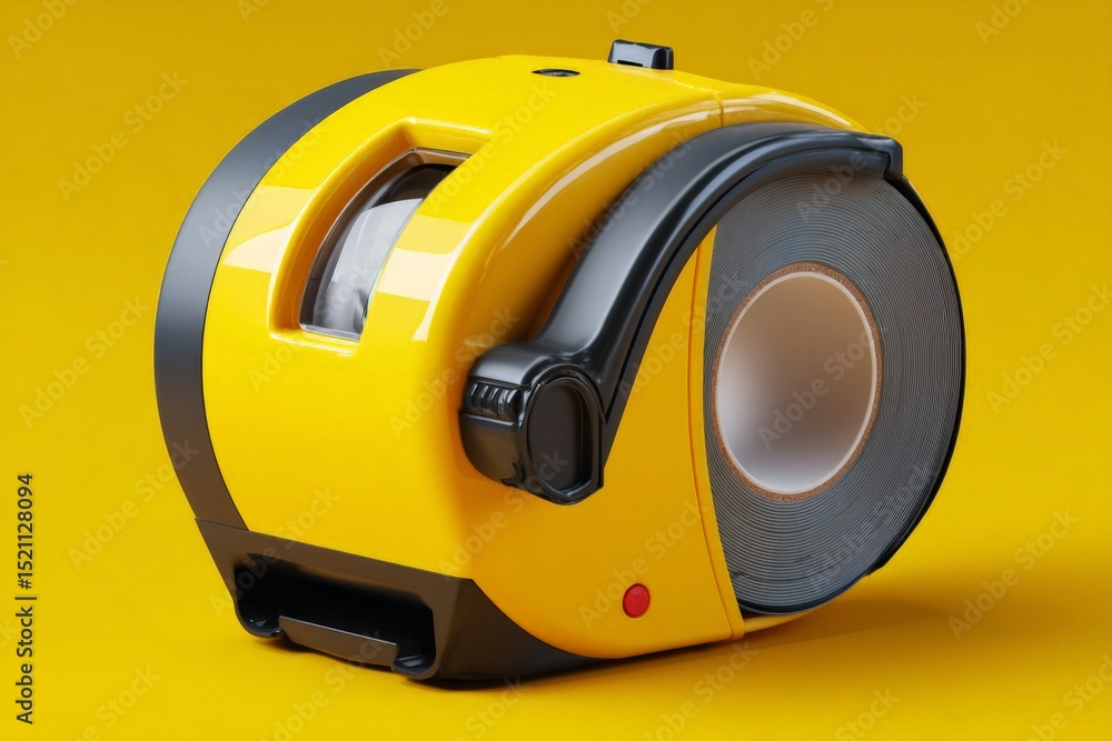 Aufkleber measuring tape with yellow casing lying on a bright yellow background during a creative workspace se