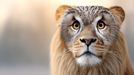 Fototapeta premium Majestic lion with the face of a wise owl, hybrid animal concept