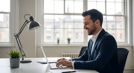 A young professional works diligently at a bright desk, immersed in his work environment. capturing his focus and dedication with a windowed backdrop.