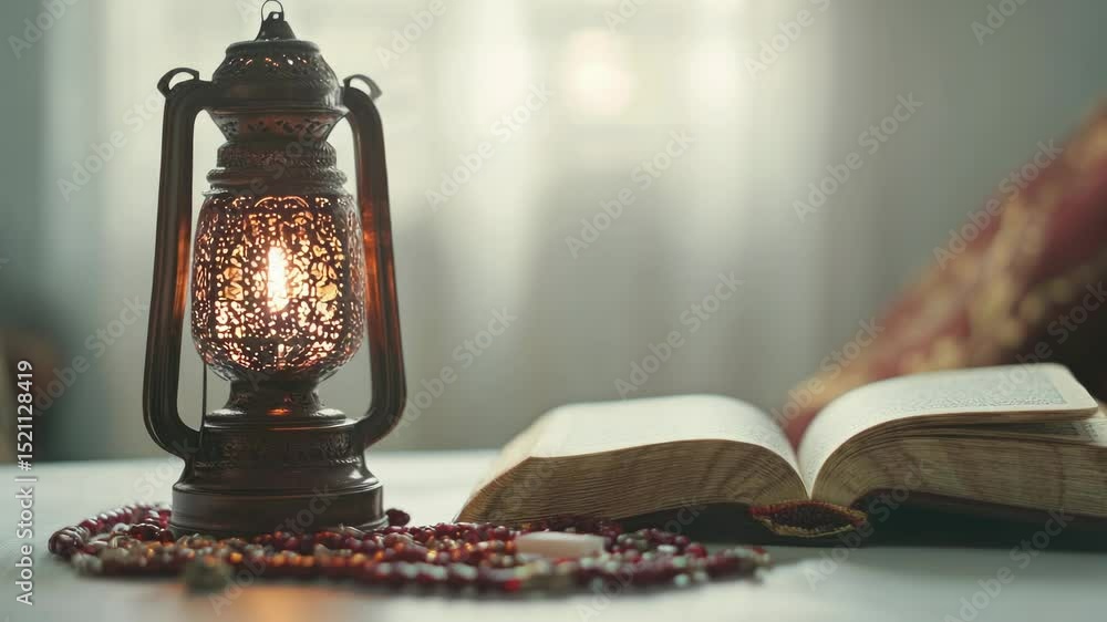 Poster a book and lamp on a table