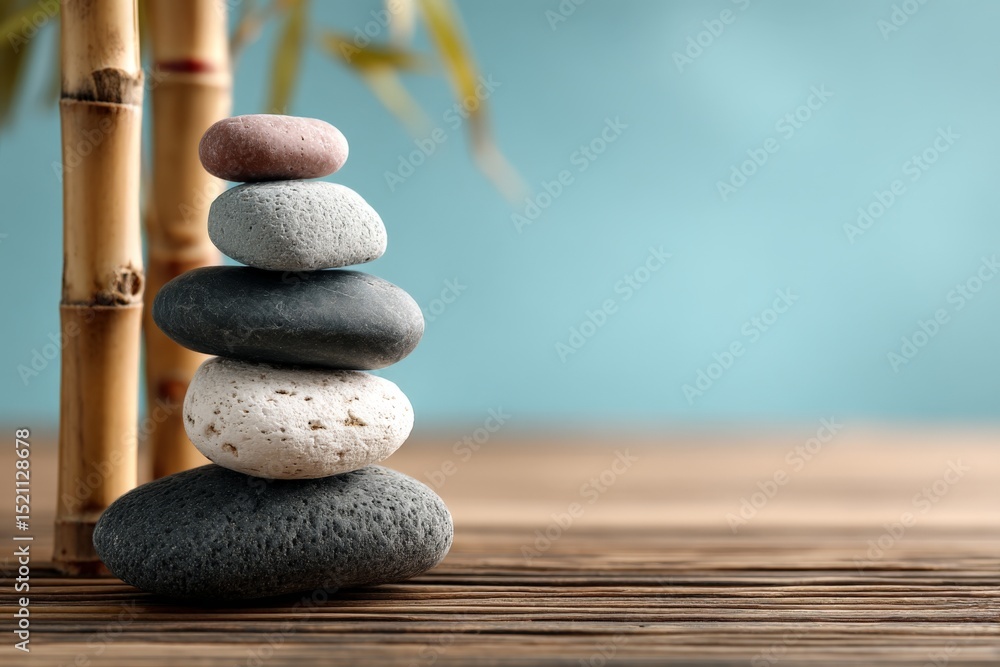 Poster balancing stones symbolizing tranquility next to bamboo in a serene setting