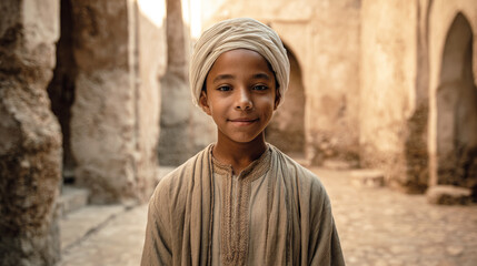 A smiling Arab boy in traditional clothing stands in front of a stone building.