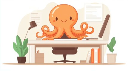 Cartoon octopus working at a desk surrounded by plants, books, and papers in a bright office setting