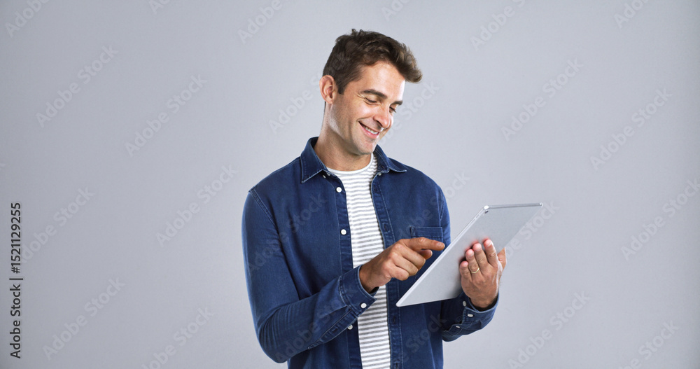 Aufkleber Man, smile and scroll on tablet in studio for connection, internet or network on white background. Digital technology, mockup space and happy male person with touchscreen for social media or website