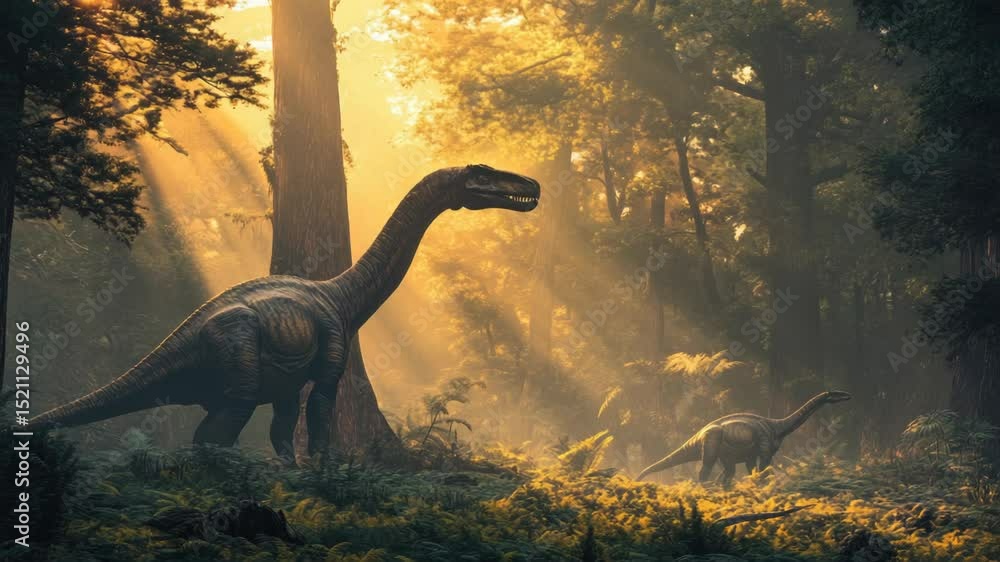 Poster A group of dinosaurs roaming through a dense forest, surrounded by lush greenery and ancient trees