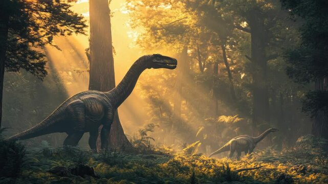 A group of dinosaurs roaming through a dense forest, surrounded by lush greenery and ancient trees