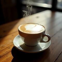 Hot Coffee Latte Art Drink with Steam on Wooden Table
