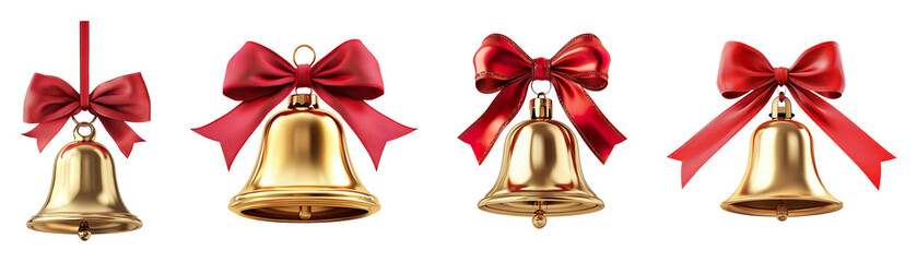 A collection of gold bells and red bows isolated on a transparent background