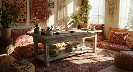 Bohemian Interior with Sunlight, Plants, and Rustic Table in Cozy Living Space