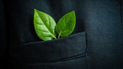 A close-up of a tailored suit pocket featuring fresh green leaves, symbolizing eco-friendliness and style