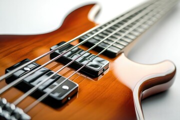 Close-up of a sunburst electric bass guitar showcasing its glossy finish and fretboard.